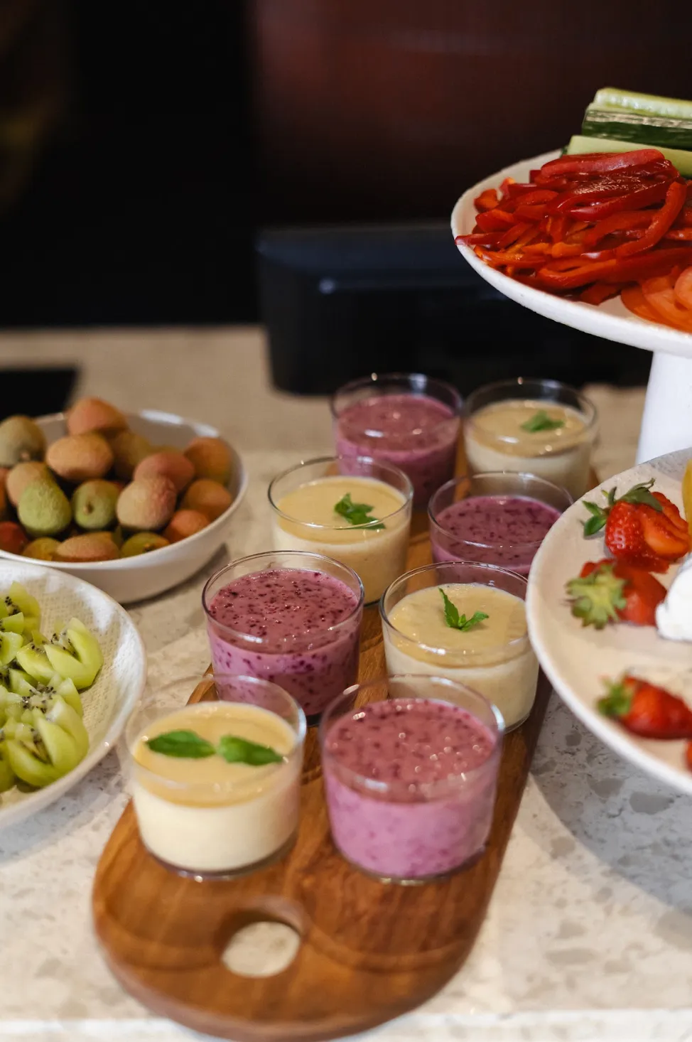 Breakfast buffet smoothie cups and small bites at Noah Cape Town